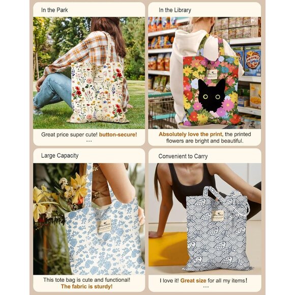 Chic Peach Blossom Cotton Tote Bag - Stylish & Spacious with Pocket & Buckle - Picture 6 of 6